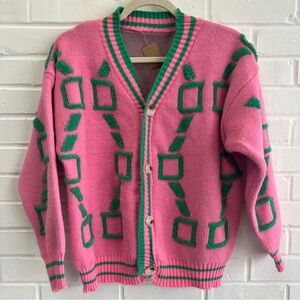 Pink and Green knitted button up sweater